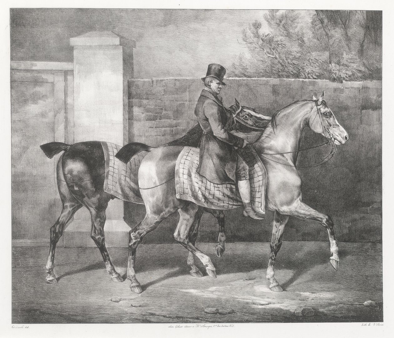 Jockey vie kahta hevosta kävelylle (A Groom Exercising Two Horses) tekijältä Theodore Gericault
