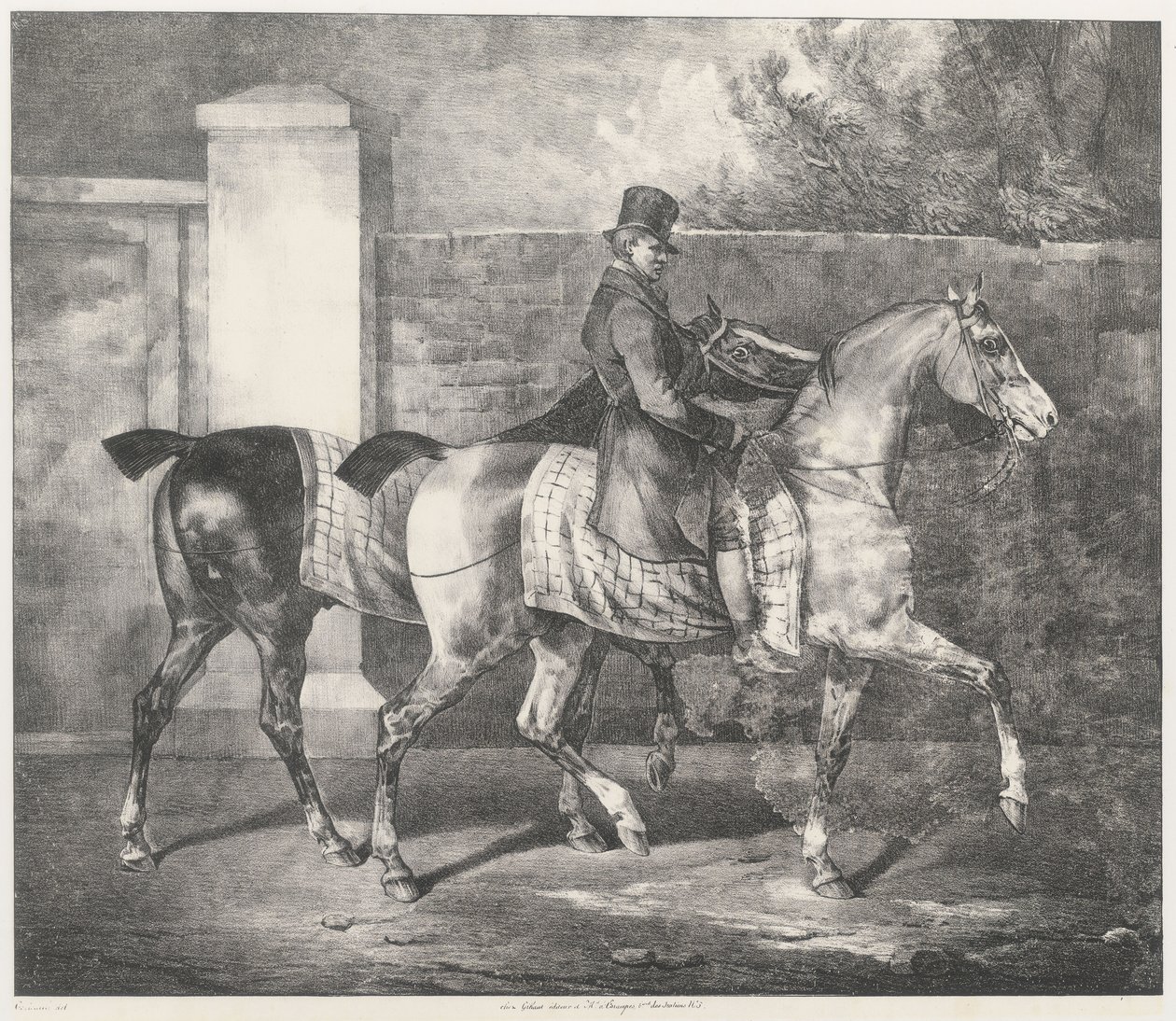 Jockey vie kahta hevosta kävelylle (A Groom Exercising Two Horses) tekijältä Theodore Gericault