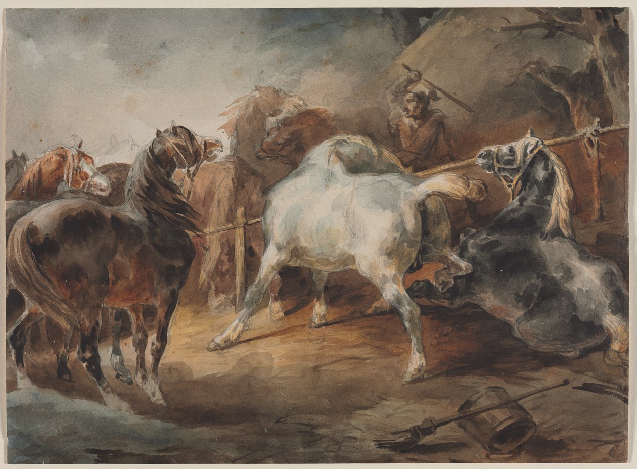 Fighting Horses, n. 1820 (akvarelli grafiitin päällä paperille) tekijältä Theodore Gericault
