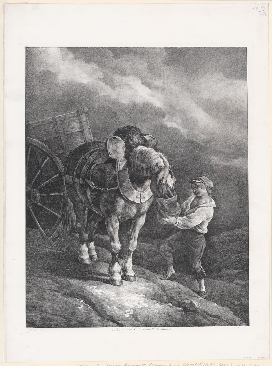 Poika, joka syöttää kauraa kiinnitetylle hevoselle (A Boy Giving Oats to a Hitched Horse) tekijältä Theodore Gericault