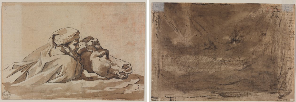 Géricault - Mies tarttuu hevoseen vedessä, Poussinin vedenpaisumuksen jälkeen (etusivu); sävellyssuunnitelma (mahdollisesti Poussinin vedenpaisumusta varten) (kääntöpuoli), noin 1816. tekijältä Theodore Gericault