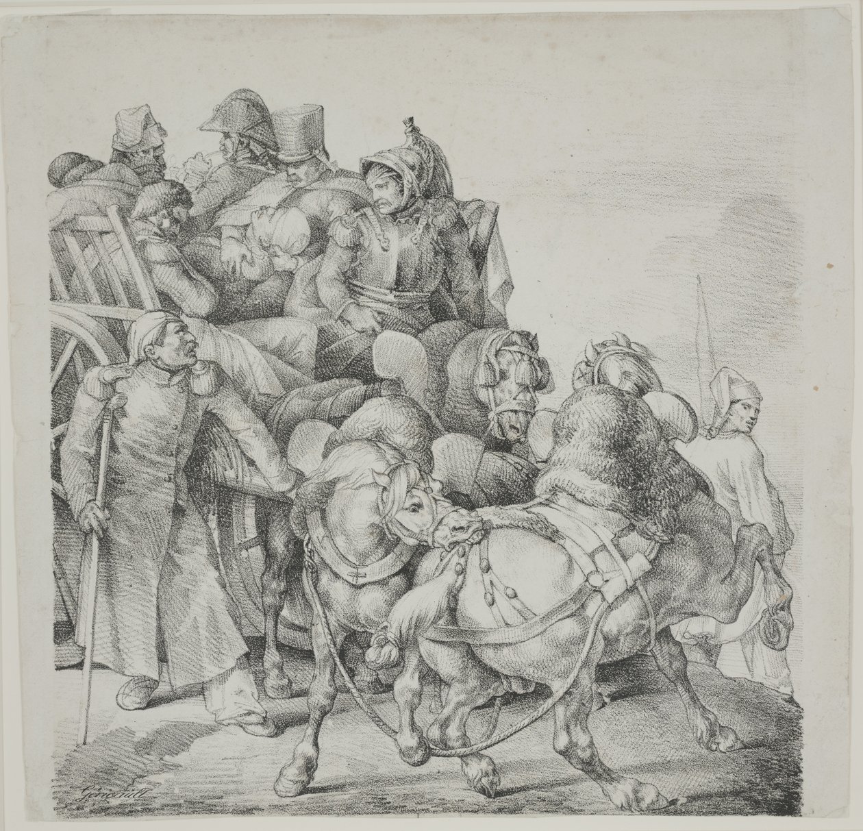 Hevoskärry täynnä haavoittuneita sotilaita, litografia C. Motte tekijältä Theodore Gericault