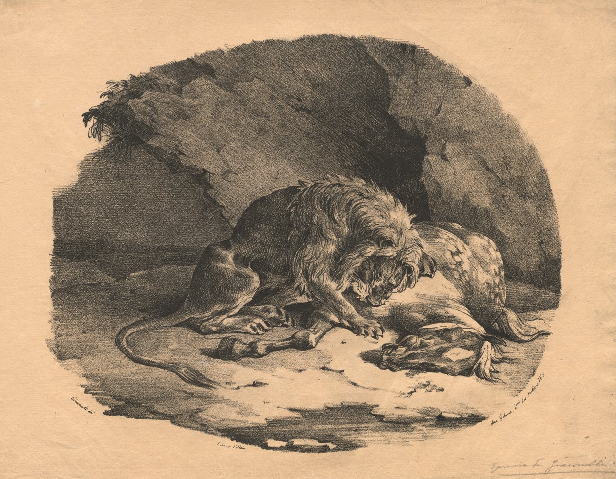 Leijonan syömä hevonen, 1823. tekijältä Theodore Gericault