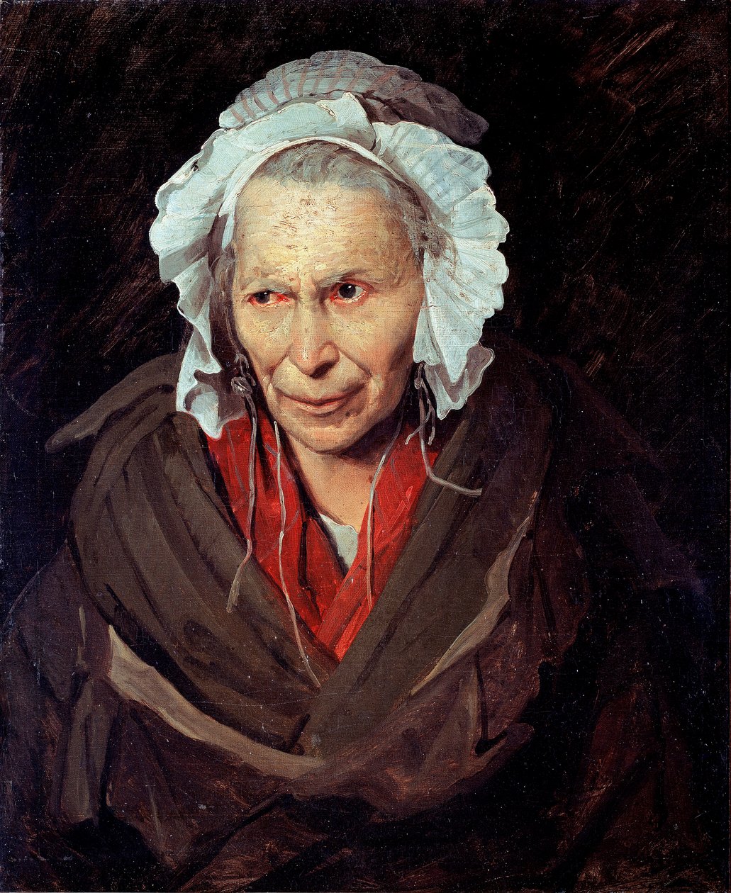 La Hyene de la Salpetriere eli kateuden monomaniakki Muotokuva mielisairaudesta kärsivästä vanhasta naisesta tekijältä Theodore Gericault
