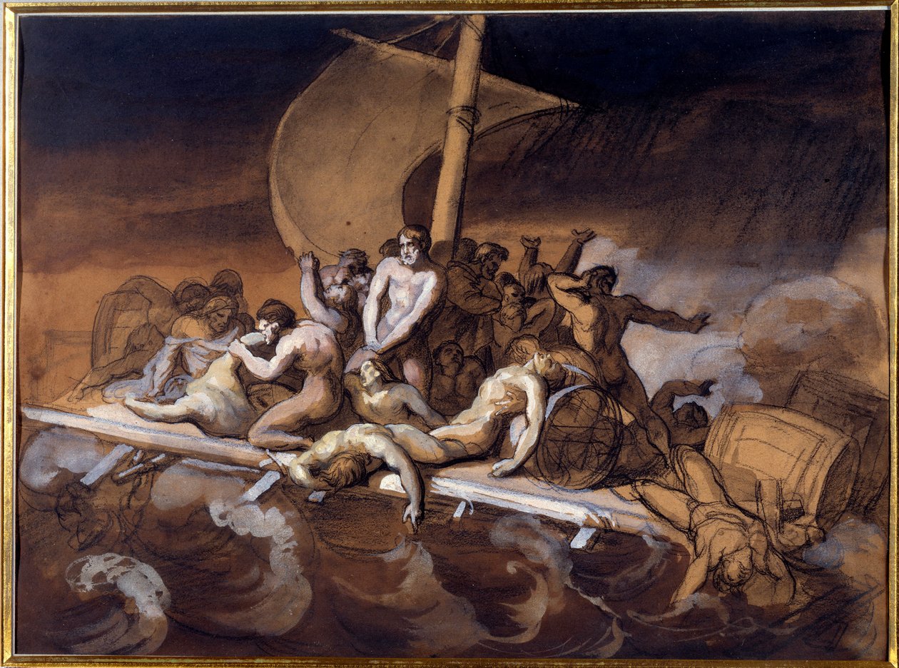 Theodore Gericaultin (1791-1824) Pesu- ja guassitutkimuksen Medusa-valmistelusarja paperille. 1819 Koko 0,28 X 0,38 m. Pariisi, Louvre-museo tekijältä Theodore Gericault