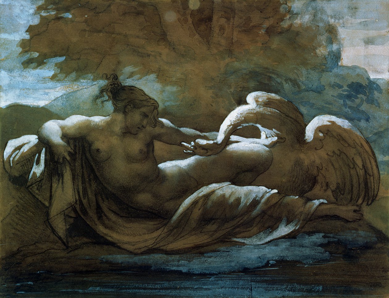 Leda ja joutsen (musta liitu ja akvarelli) tekijältä Theodore Gericault