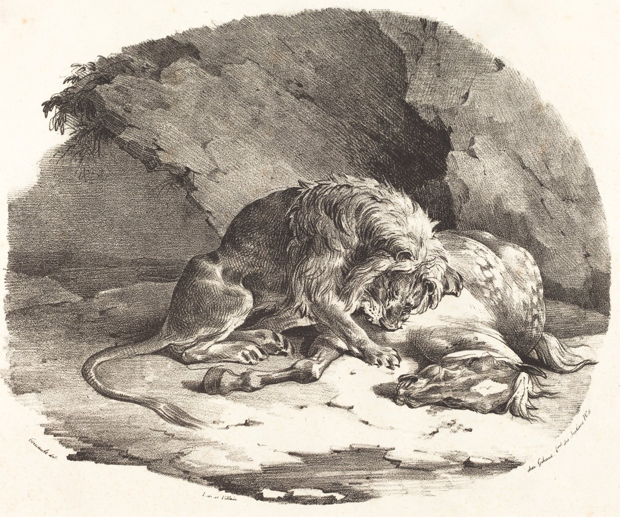 Leijona syö hevosta tekijältä Theodore Gericault