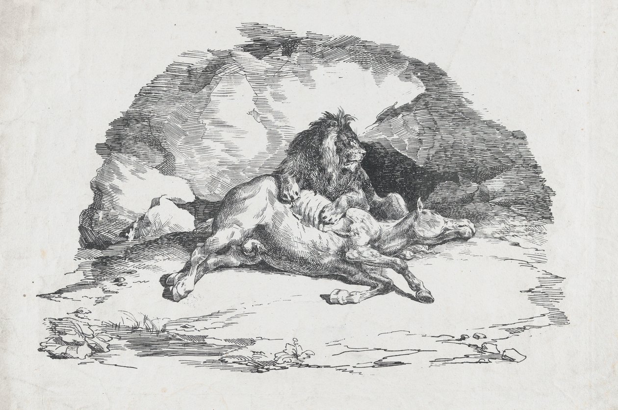 Leijona syö hevosta, 1818. tekijältä Theodore Gericault