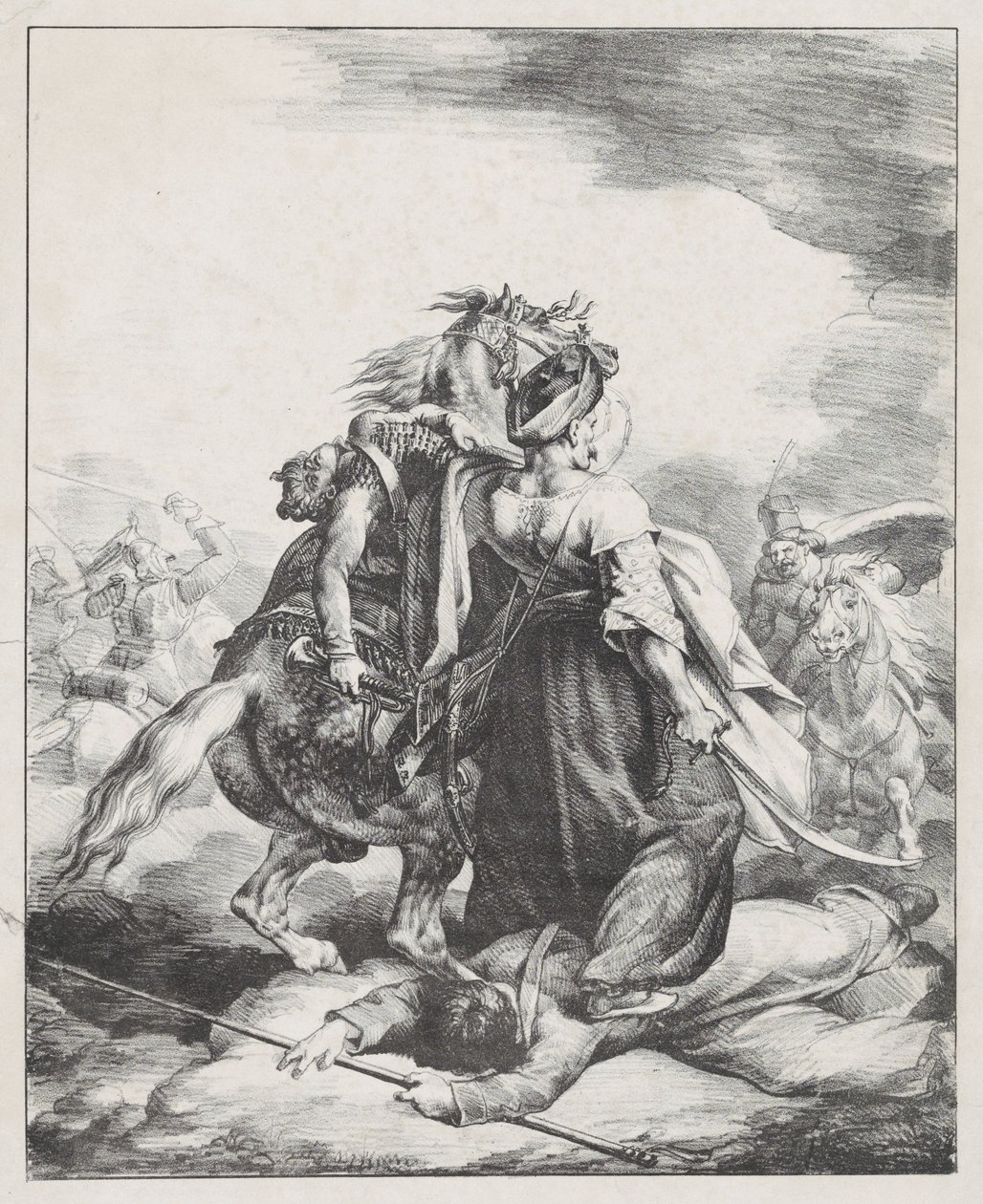 Keisarillisen kaartin mamelukki puolustaa haavoittunutta trumpetistia kasakkaa vastaan (Egyptiläinen mamelukki puolustaa haavoittunutta ranskalaista trumpetistia Waterloossa) tekijältä Theodore Gericault