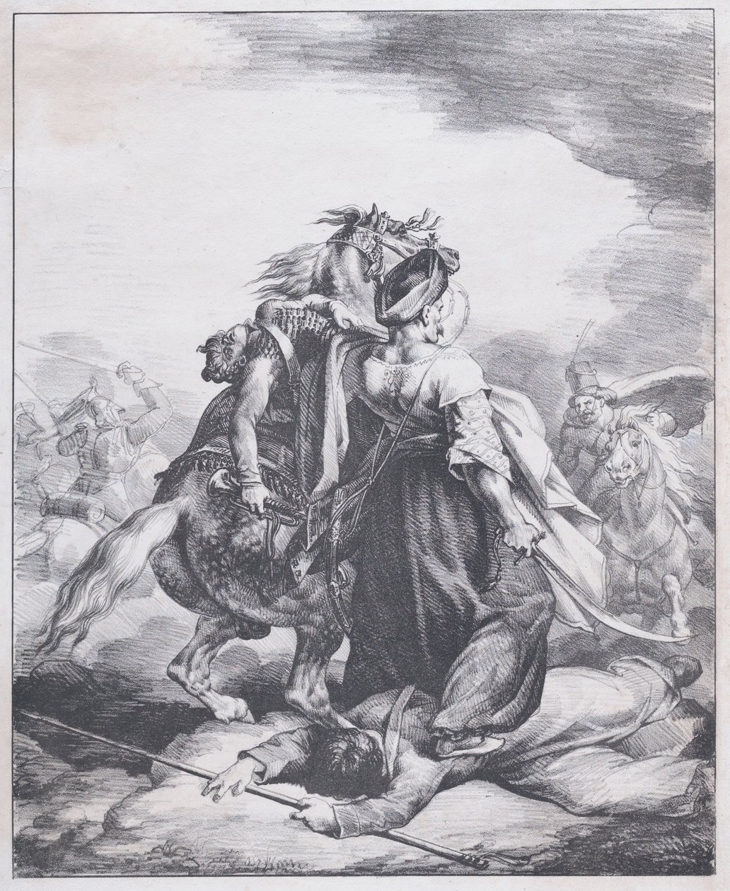 Mamluk puolustaa haavoittunutta trumpetistia tekijältä Theodore Gericault