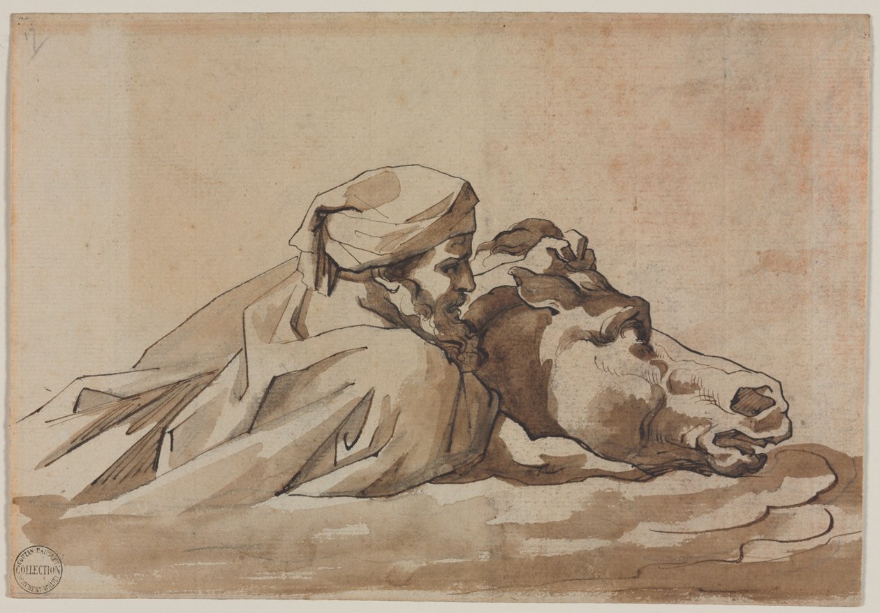 Mies puristaa hevosta vedessä Poussinin "Delugen" jälkeen (recto) tekijältä Theodore Gericault