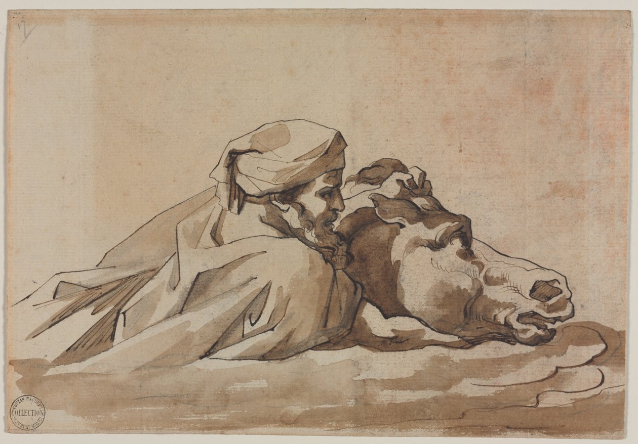 Mies puristaa hevosta vedessä, Poussins Deluge recto, Composition Studyverso, c. 18 tekijältä Theodore Gericault