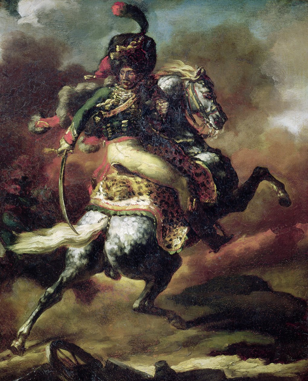 Husaarien upseeri ryntäävät hevosen selässä tekijältä Theodore Gericault