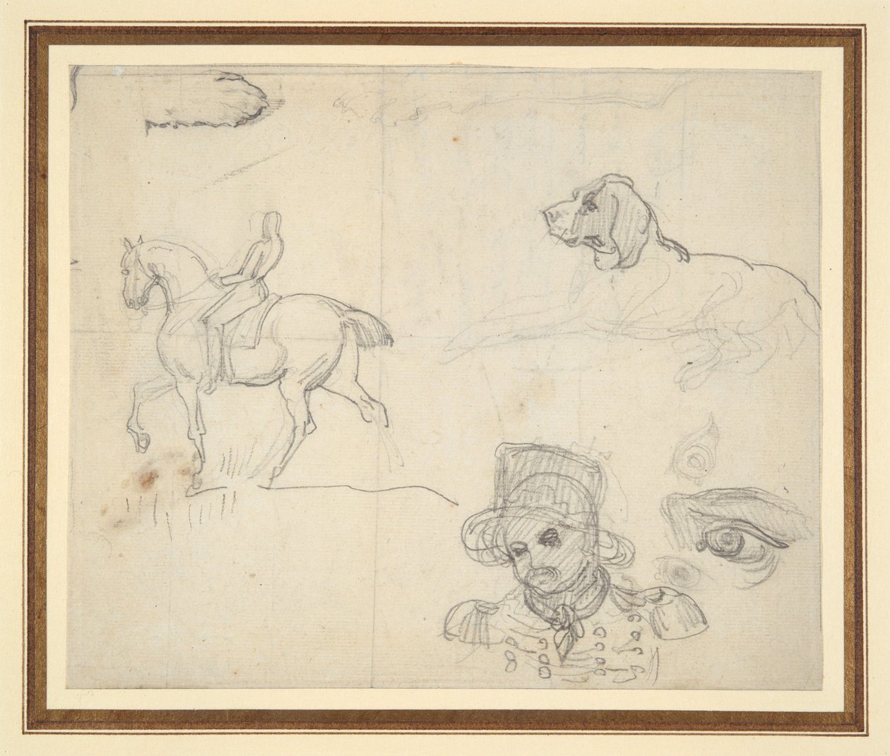 Luonnoslehti (ratsastaja, koira, sotilaan pää) tekijältä Theodore Gericault