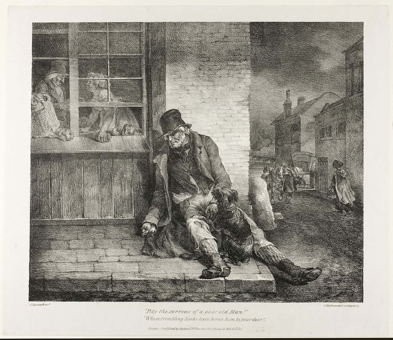 Pity the Sorrows of a Poor Old Man!... 1821 (musta litografia norsunluunväriselle vohvelipaperille) tekijältä Theodore Gericault