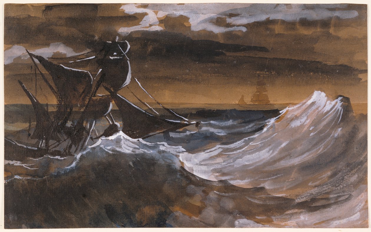 Purjevene raivoavalla merellä, n. 1818-1819 (sivellin ja ruskea pesu, akvarelli mustalla liidulla) tekijältä Theodore Gericault