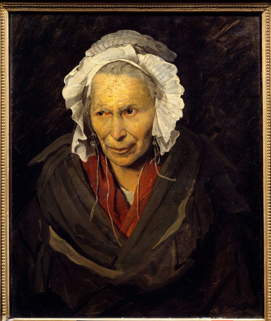 Salpetriere hyene tai kateuden monomaniakki Mielenterveysongelmista kärsivän vanhan naisen muotokuva. Theodore Gericaultin (1791-1824) maalaus 1822 su. 0,72x0,58 m Lyon, musee des Beaux Arts - Salpetrieren hyena tai kateuden monomania. Vanhan muotokuva tekijältä Theodore Gericault