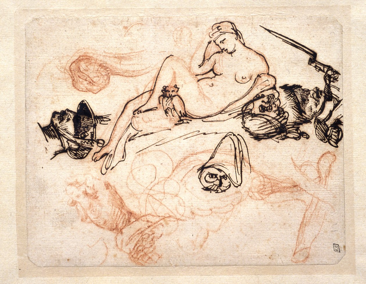 Tutkielma-arkki, jossa on Michelangelon "Yö", krenatööri ja muita luonnoksia tekijältä Theodore Gericault