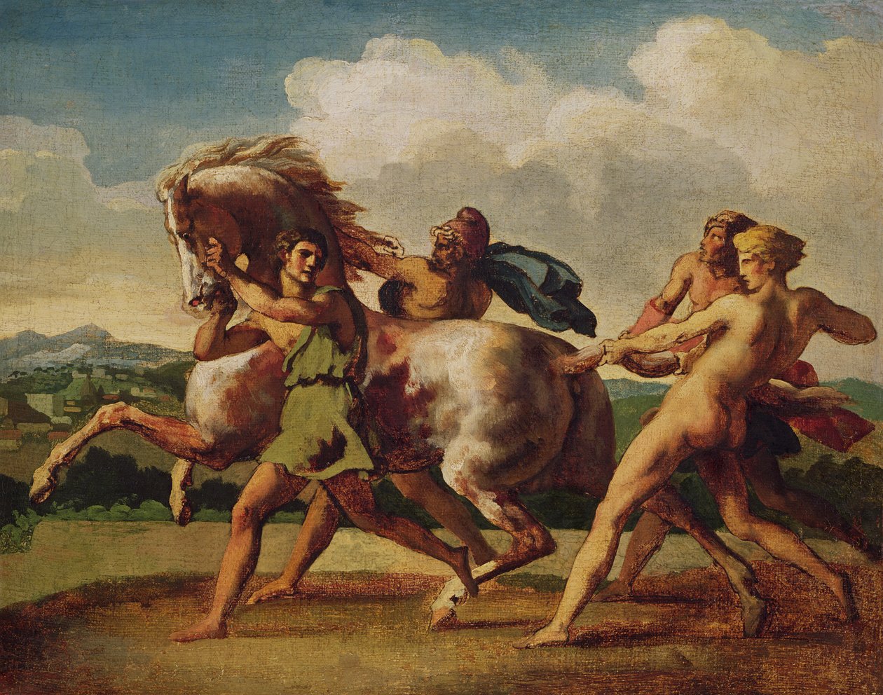 Orjat pysäyttävät hevosen, tutkimus "The Race of the Barbarian Horses", 1817 tekijältä Theodore Gericault