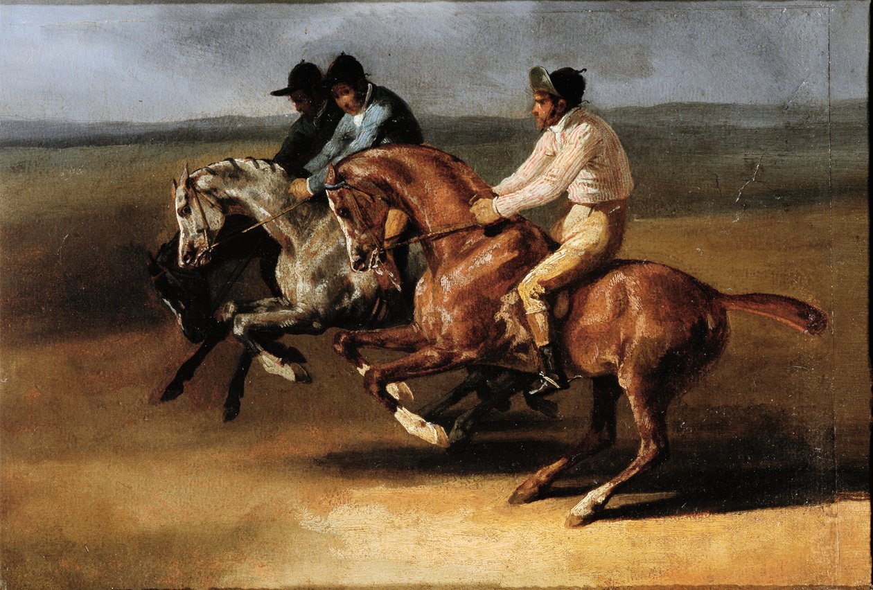 Hevoskilpailun alku ratsasmiesten kanssa (Öljy kankaalle tekijältä Theodore Gericault