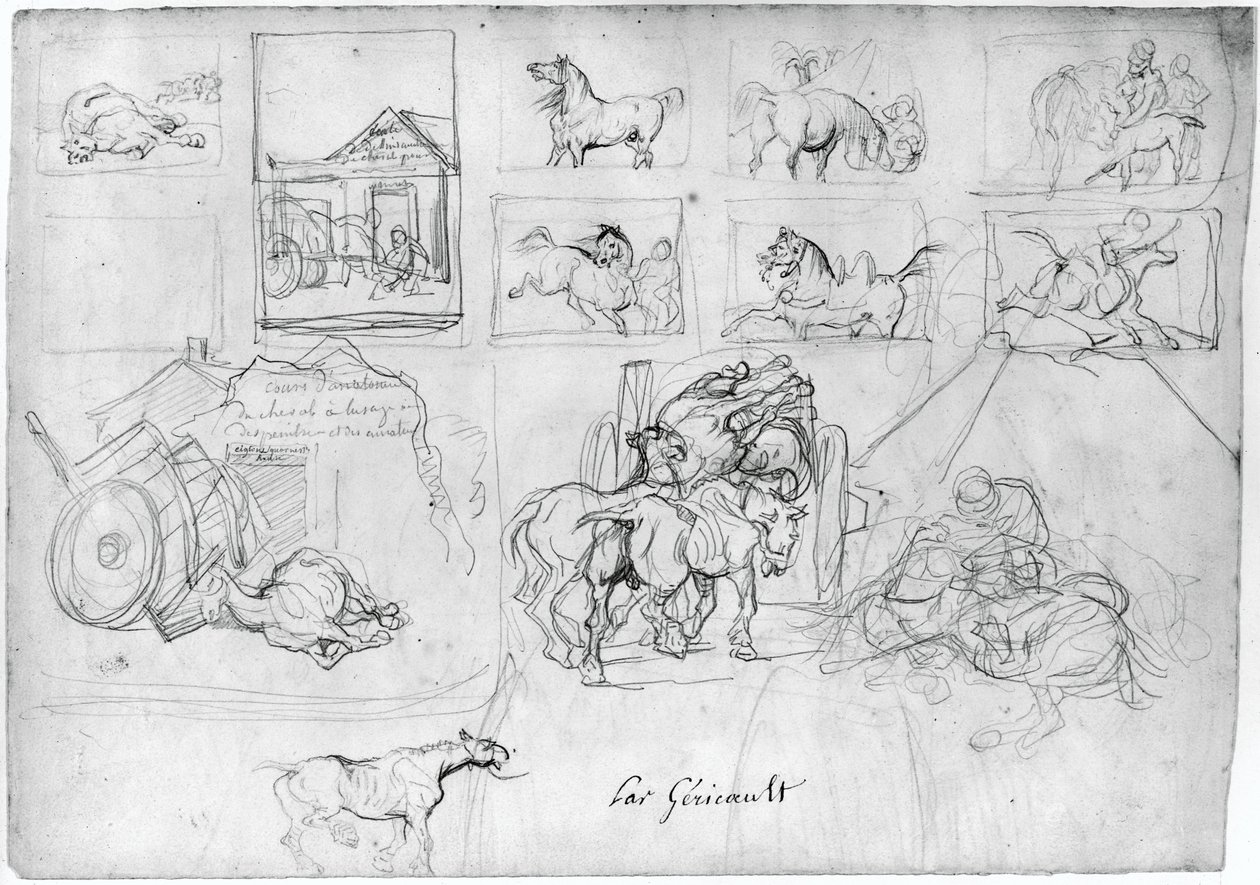 Hevosia esittävä kuva (etupuoli); Vaunu, jota seuraa kyltin kantaja (takapuoli) tekijältä Theodore Gericault