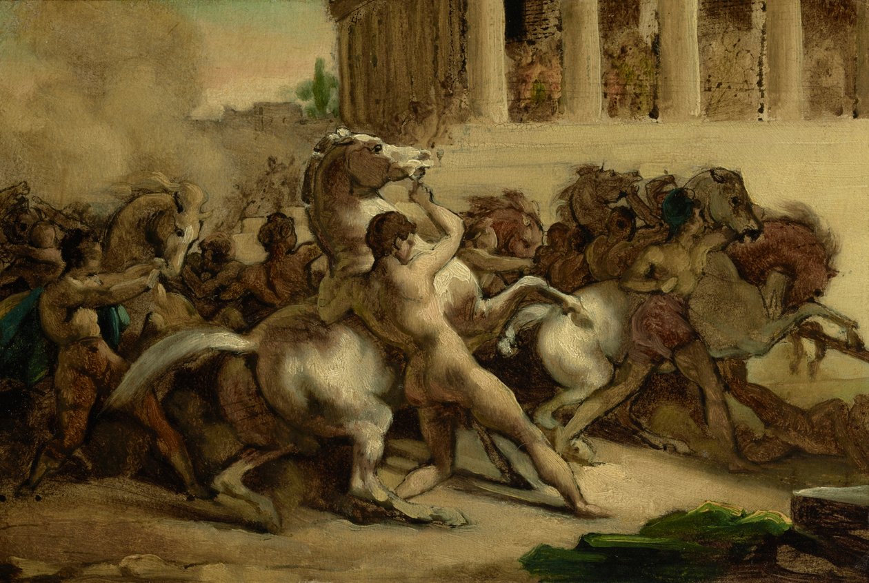 Ratsastamattomien hevosten kilpa, 1817 (öljy, kynä ja muste kankaalle asetettu paperille) tekijältä Theodore Gericault