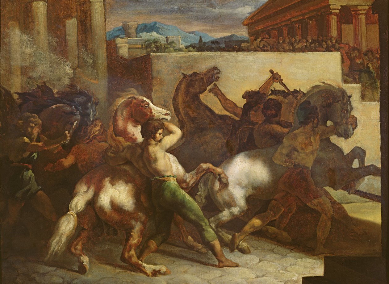 Villihevosten kilpajuoksu Roomassa, noin 1817 (öljy paperille). tekijältä Theodore Gericault