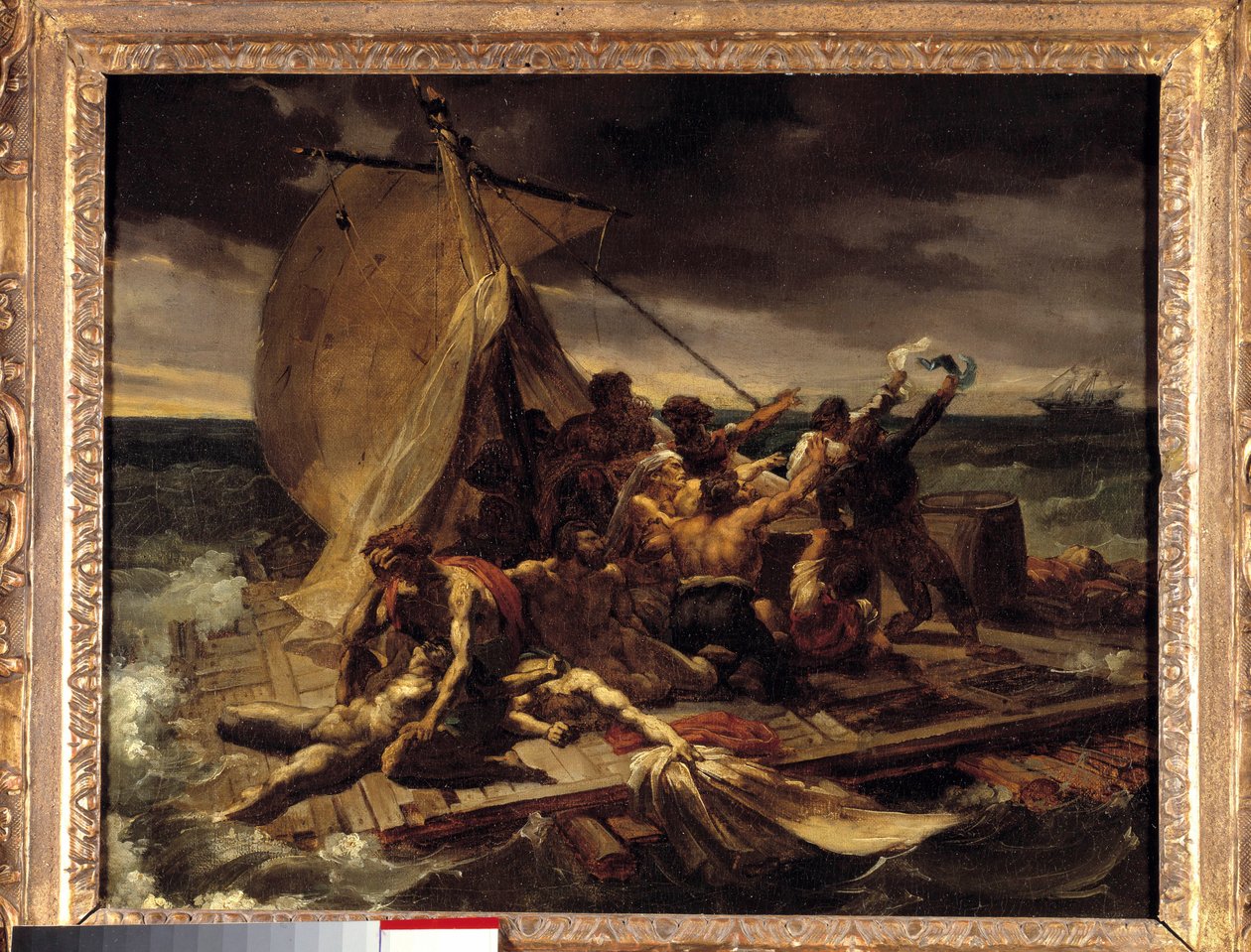 Meduse Premieren luonnosten lautta. Theodore Gericaultin (1791-1824) maalaus. Himmeä. 0,37 x 0,46 m. tekijältä Theodore Gericault