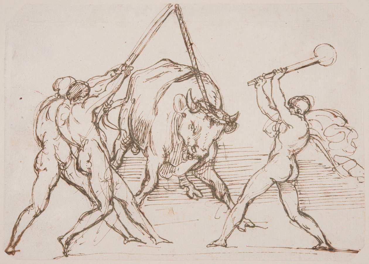Kolme miestä kiusaavat härkää tekijältä Theodore Gericault