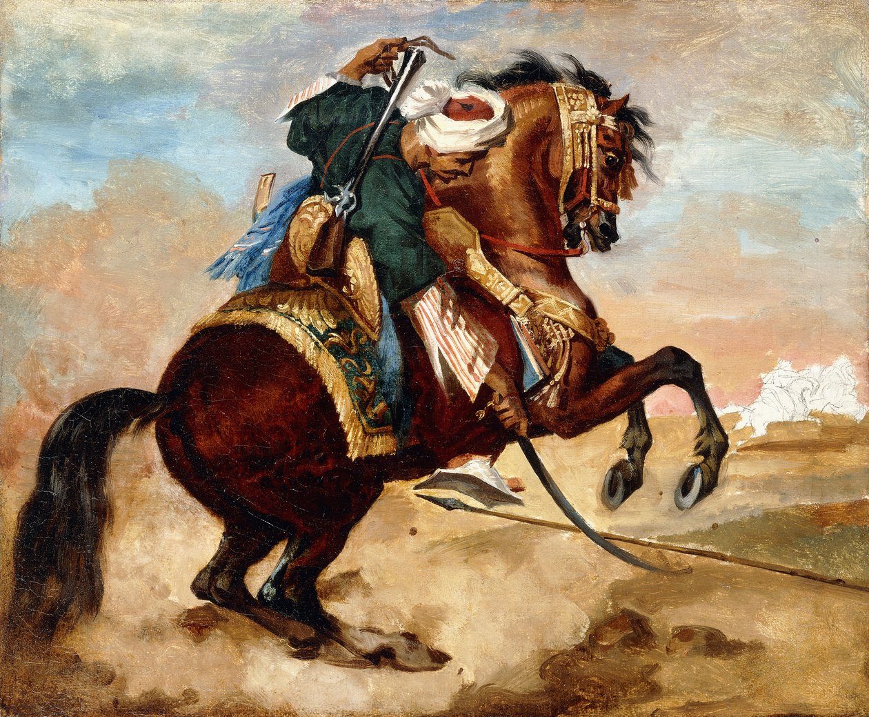 Turkki ratsastaa ruskealla alezan-hevosella, n. 1810 tekijältä Theodore Gericault