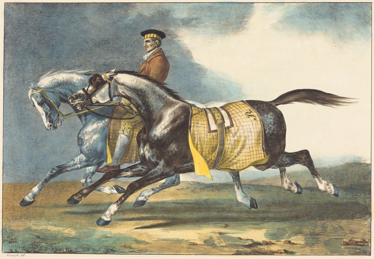 Kaksi talutettavaa papurikkoharmaata hevosta tekijältä Theodore Gericault