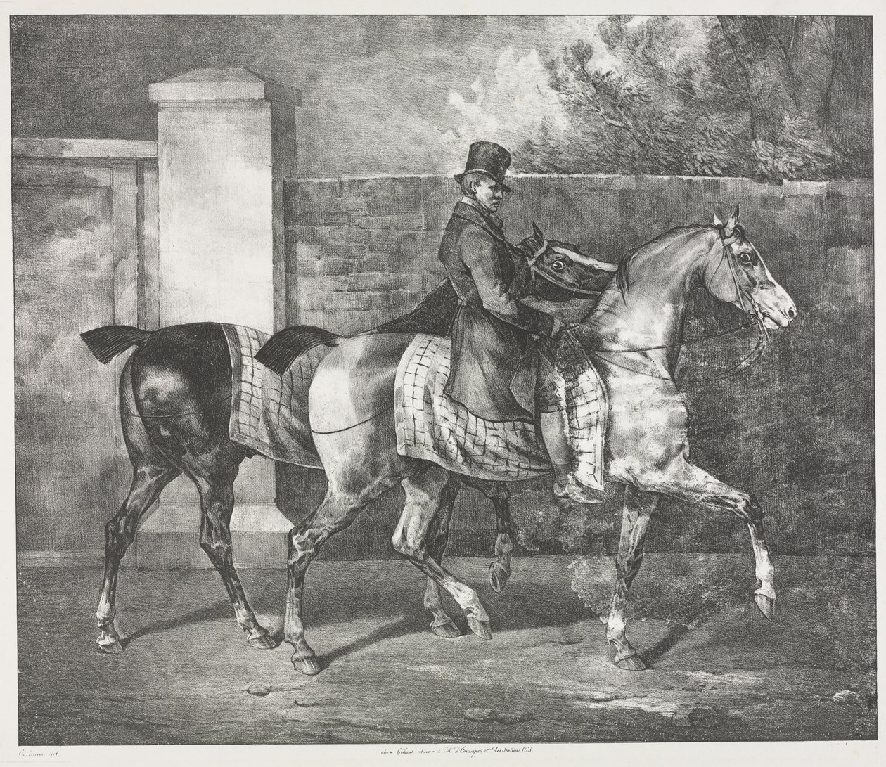 Kaksi hevosta, joita jockey harjoittaa tekijältä Theodore Gericault