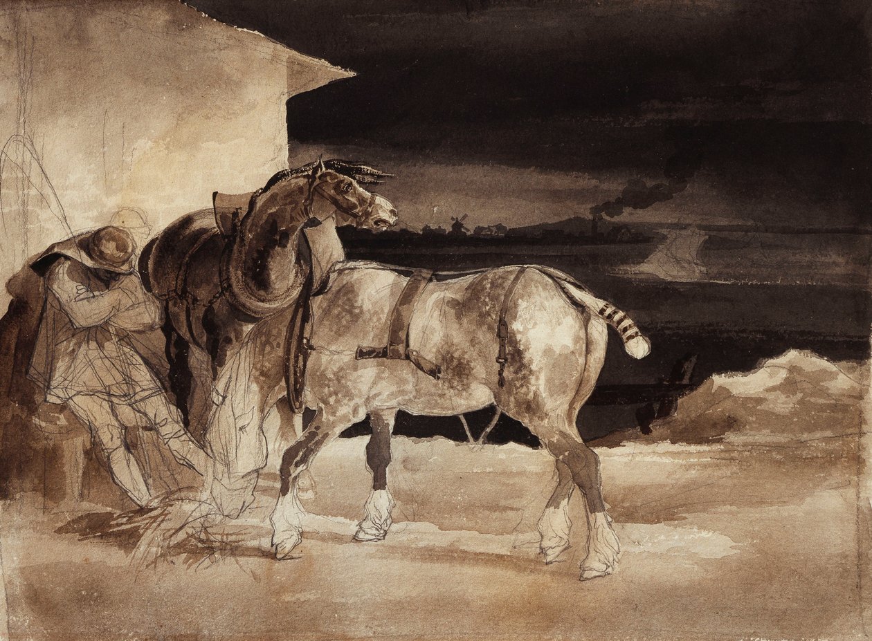 Kaksi hevosta ja nukkuva sulhanen, n. 1822-1823 tekijältä Theodore Gericault