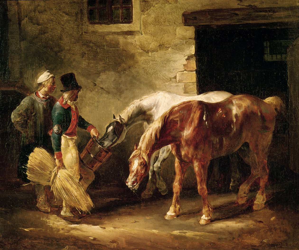 Kaksi postihevosta tallin ovella tekijältä Theodore Gericault