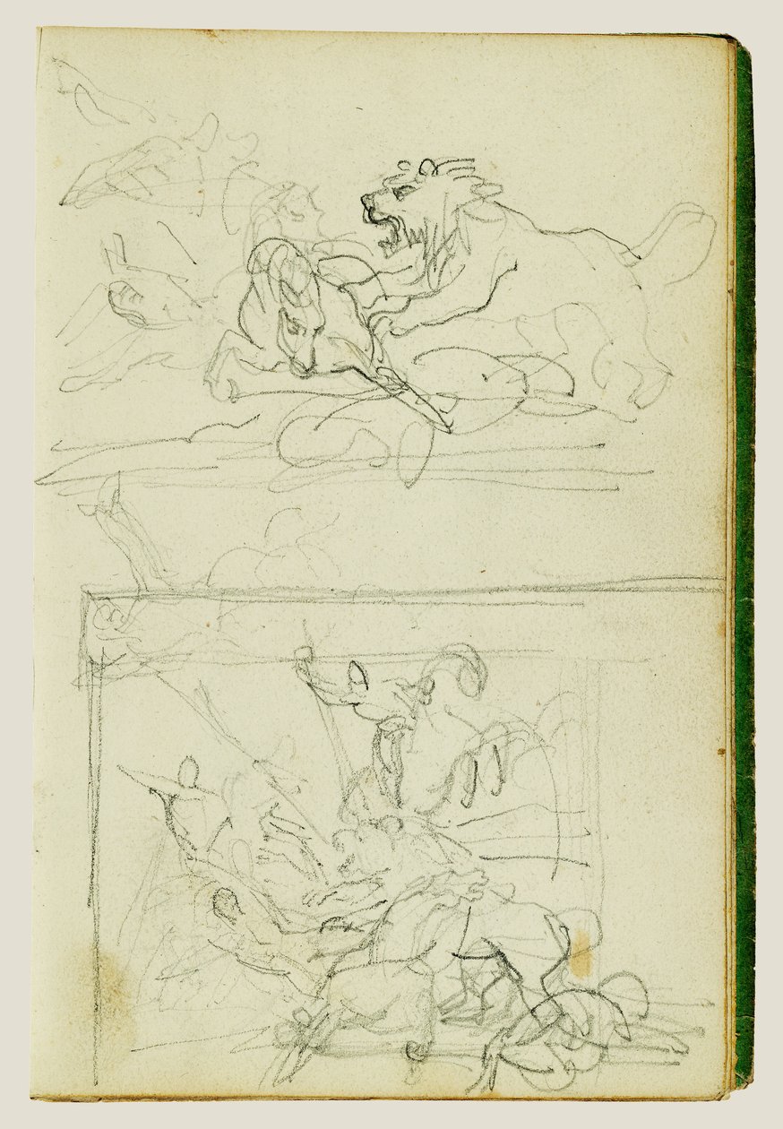 Kaksi sävellystutkimusta leijonanmetsästyksestä tekijältä Theodore Gericault