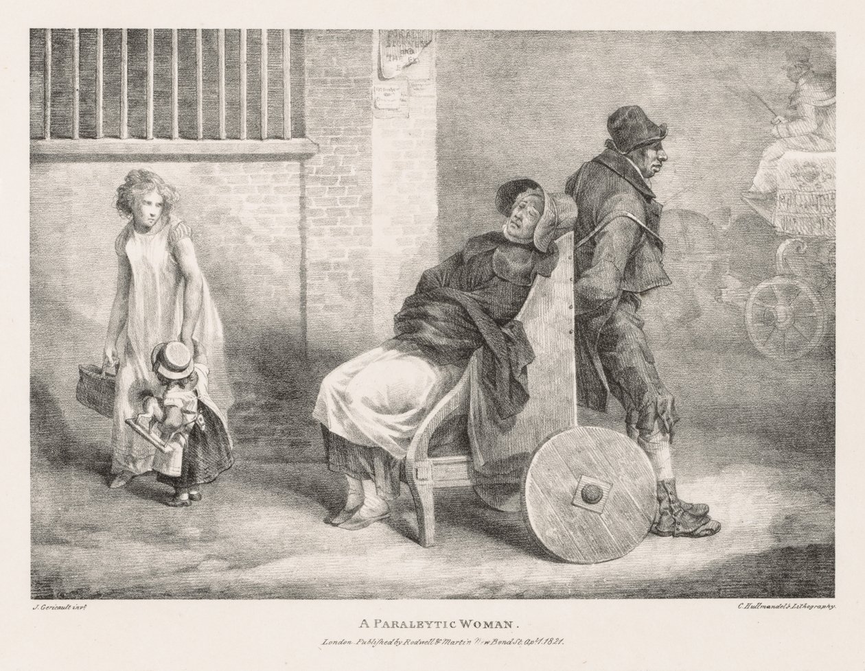 Erilaisia elämästä ja kivestä piirrettyjä aiheita: Paraleytic Woman, 1821. tekijältä Theodore Gericault