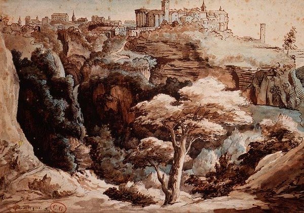 Näkymä Tivoliin (lyijykynä, kynä ja ruskea muste, vesiväri) tekijältä Theodore Gericault