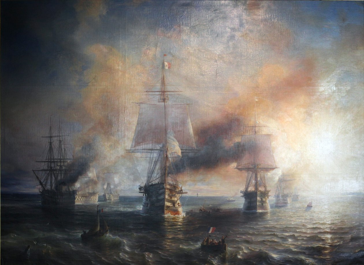Ranskalainen:  La flotte française se rendant de Cherbourg à Brest, 1858 Ranskan laivasto purjehtii Cherbourgista Brestiin, 1858. tekijältä Theodore Gudin