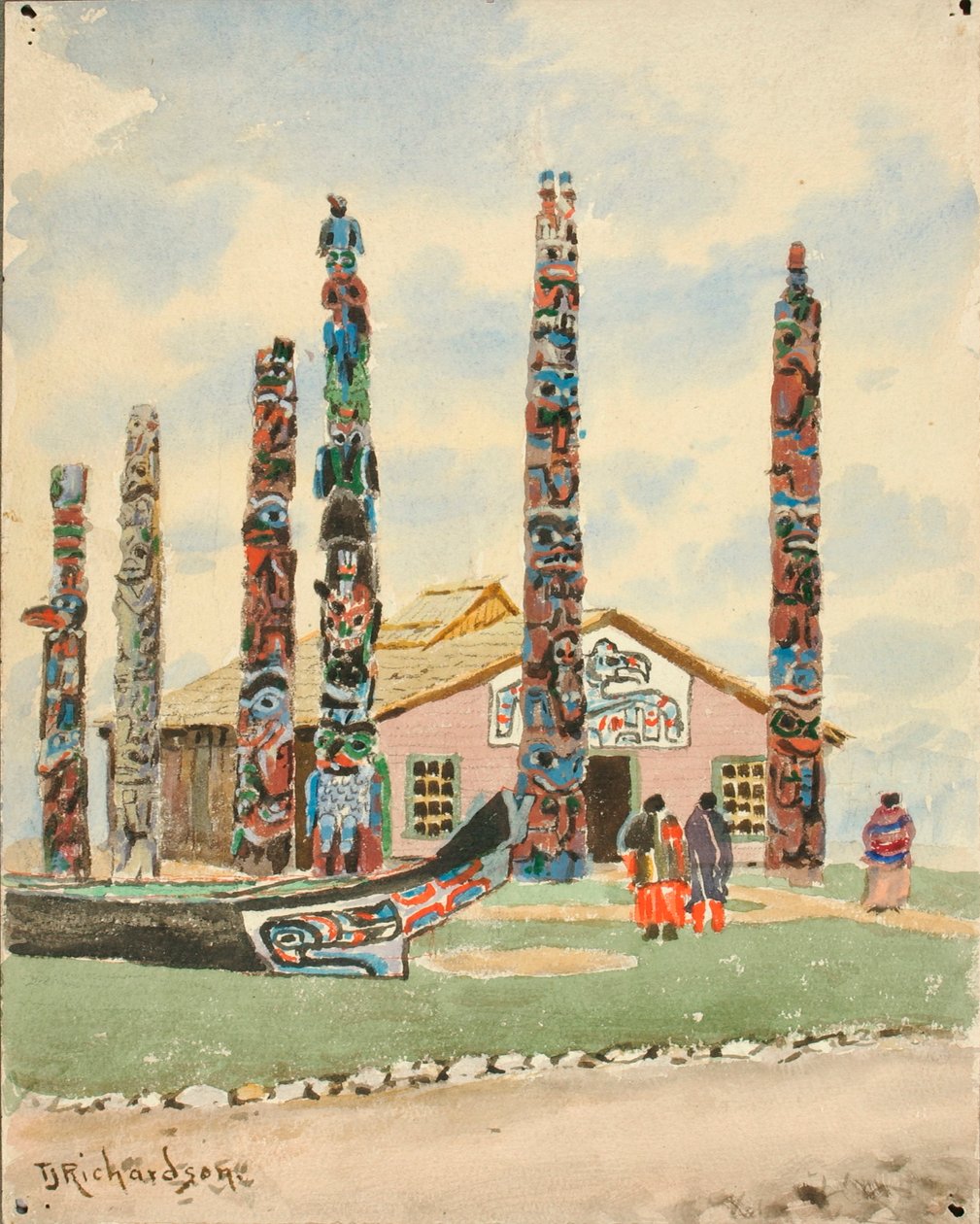 Alaskan rakennus, jossa on totemeita St. Louisin näyttelyssä tekijältä Theodore J. Richardson