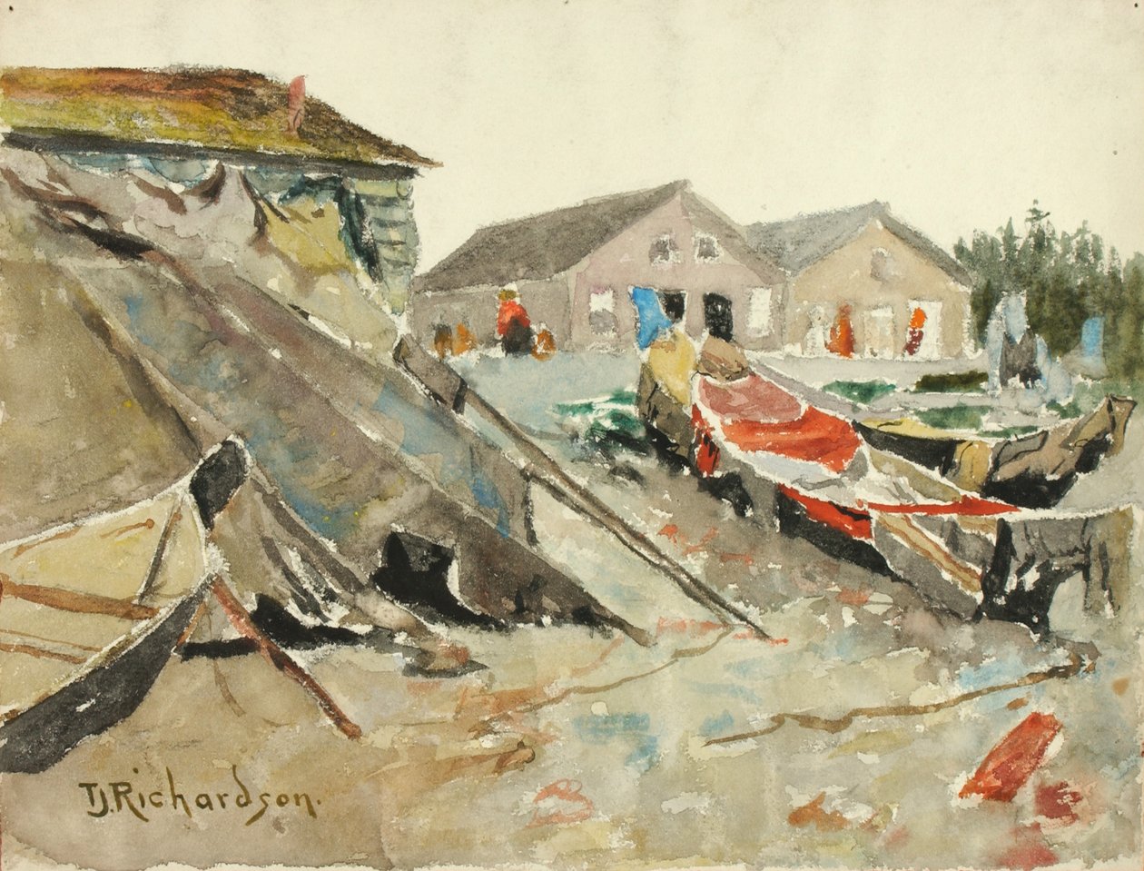 Peittojen kuivaus kanoottien päällä, n. 1890-1914. tekijältä Theodore J. Richardson