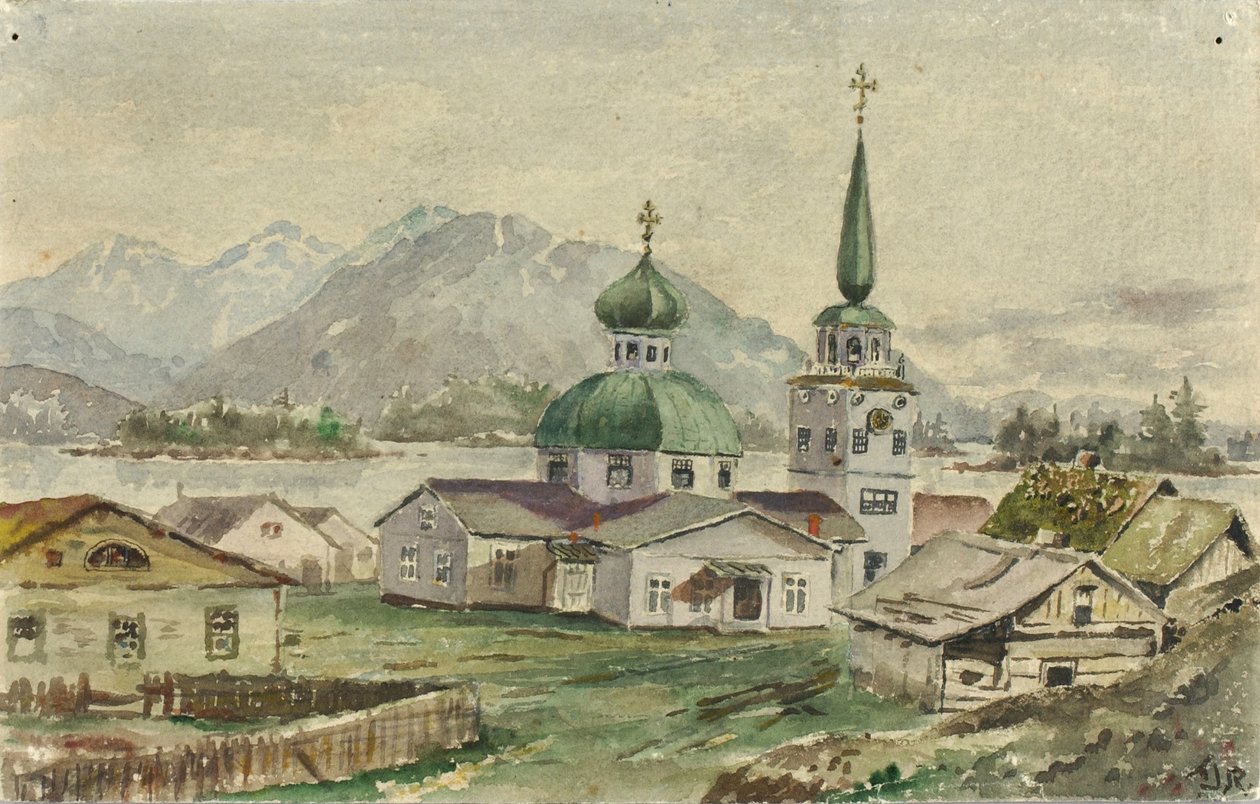 Kreikkalaisen kirkon takanäkymä, Sitka, 1888 tekijältä Theodore J. Richardson