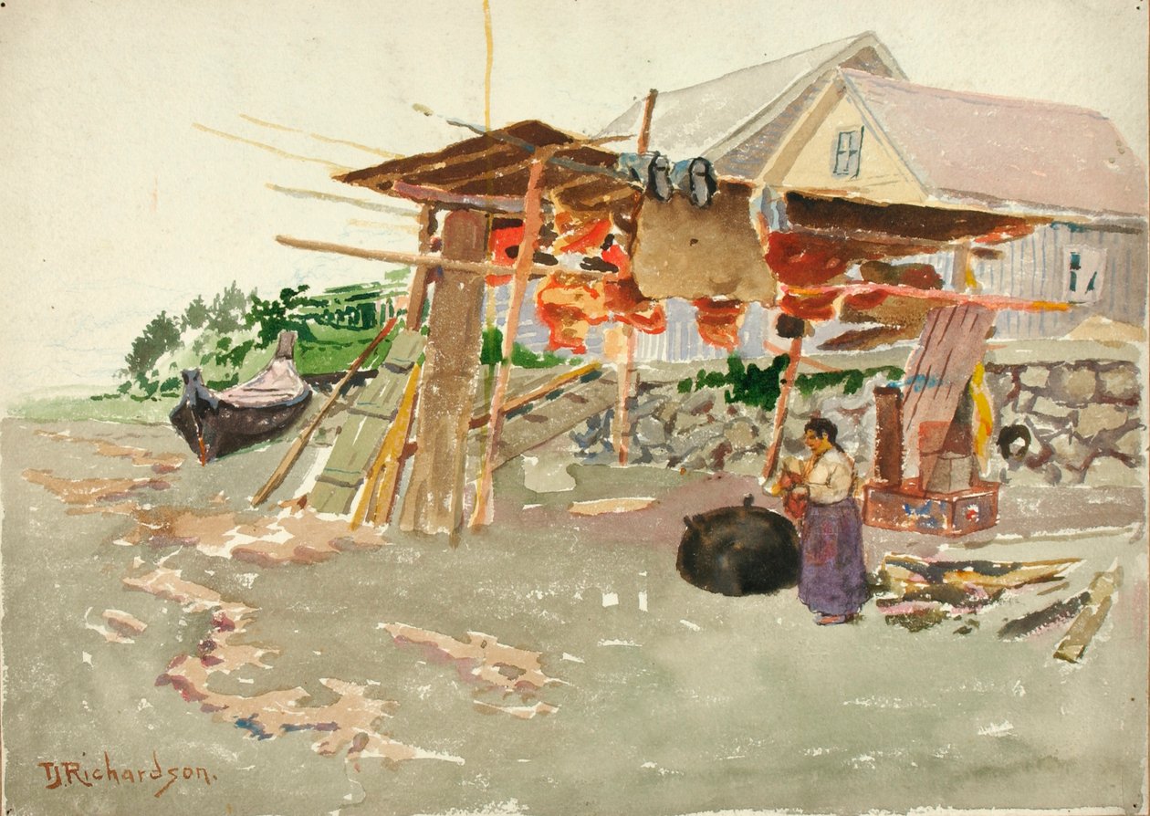 Lohen kuivaus, Indian Village, Alaska, n. 1880-1914. tekijältä Theodore J. Richardson