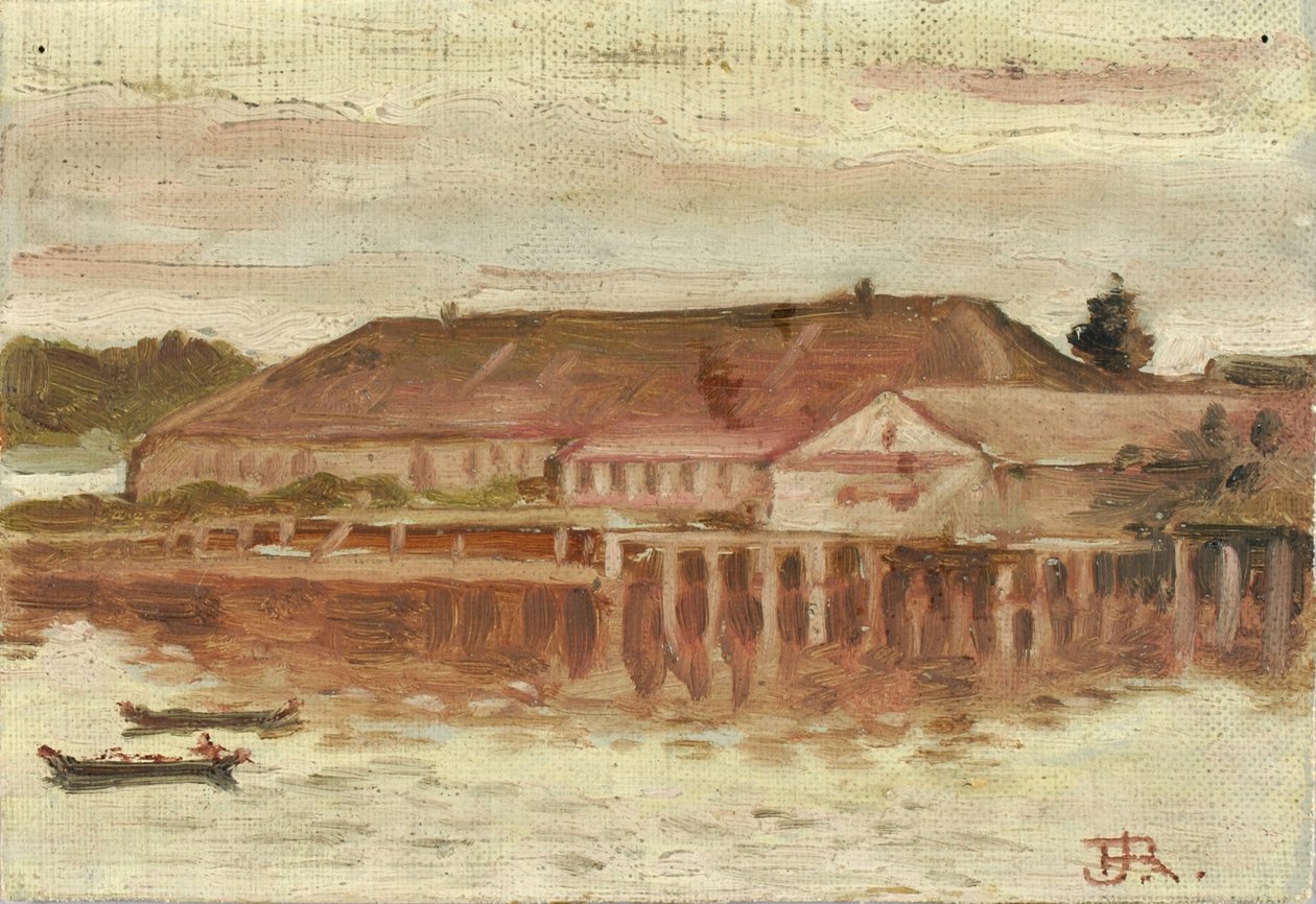 Kauppaposti- ja laiturirakennukset, Sitka, Ilta, n. 1880-1914. tekijältä Theodore J. Richardson