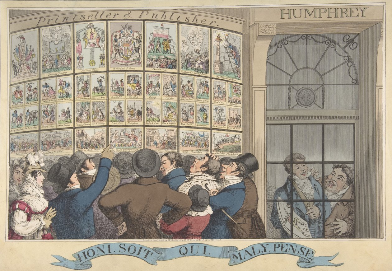 Honi. Niin minä. Qui. Mal. Y. Pense: G. Humphreyn karikatyyrikauppa, 27 St. James..., 12. elokuuta 1821. tekijältä Theodore Lane