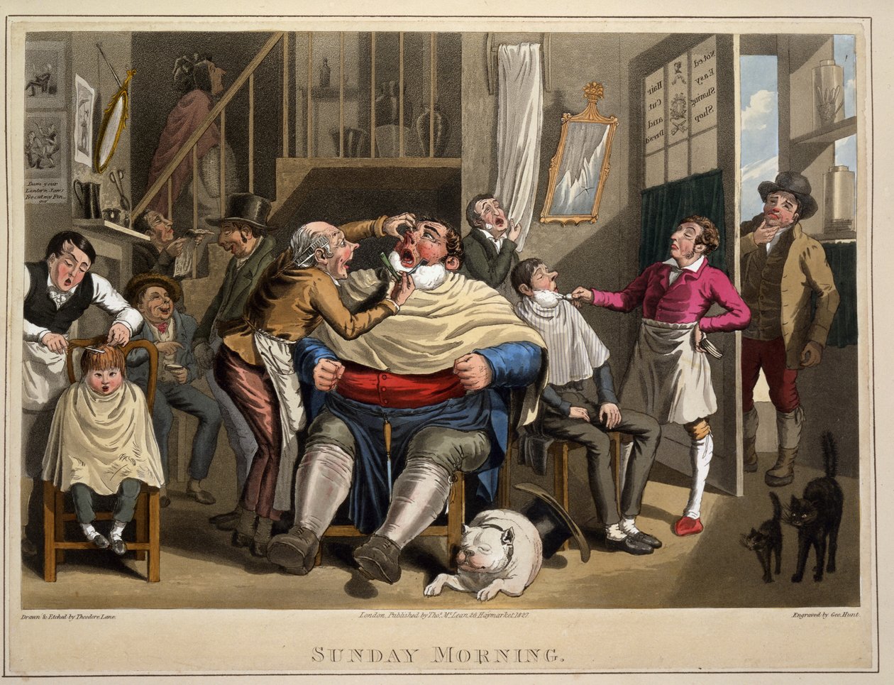 Sunnuntaiaamu, eng. George Hunt, pub. Thos. McLean, Lontoo, 1827 (käsin väritetty kaiverrus). tekijältä Theodore Lane