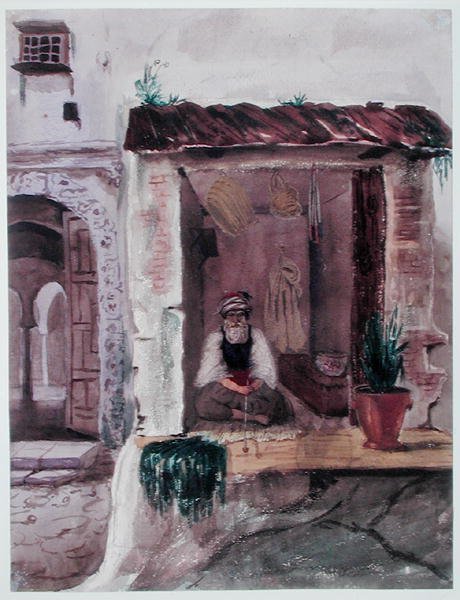 Tupakkakauppa, Alger, n. 1840 (akvarelli paperille) tekijältä Theodore Leblanc