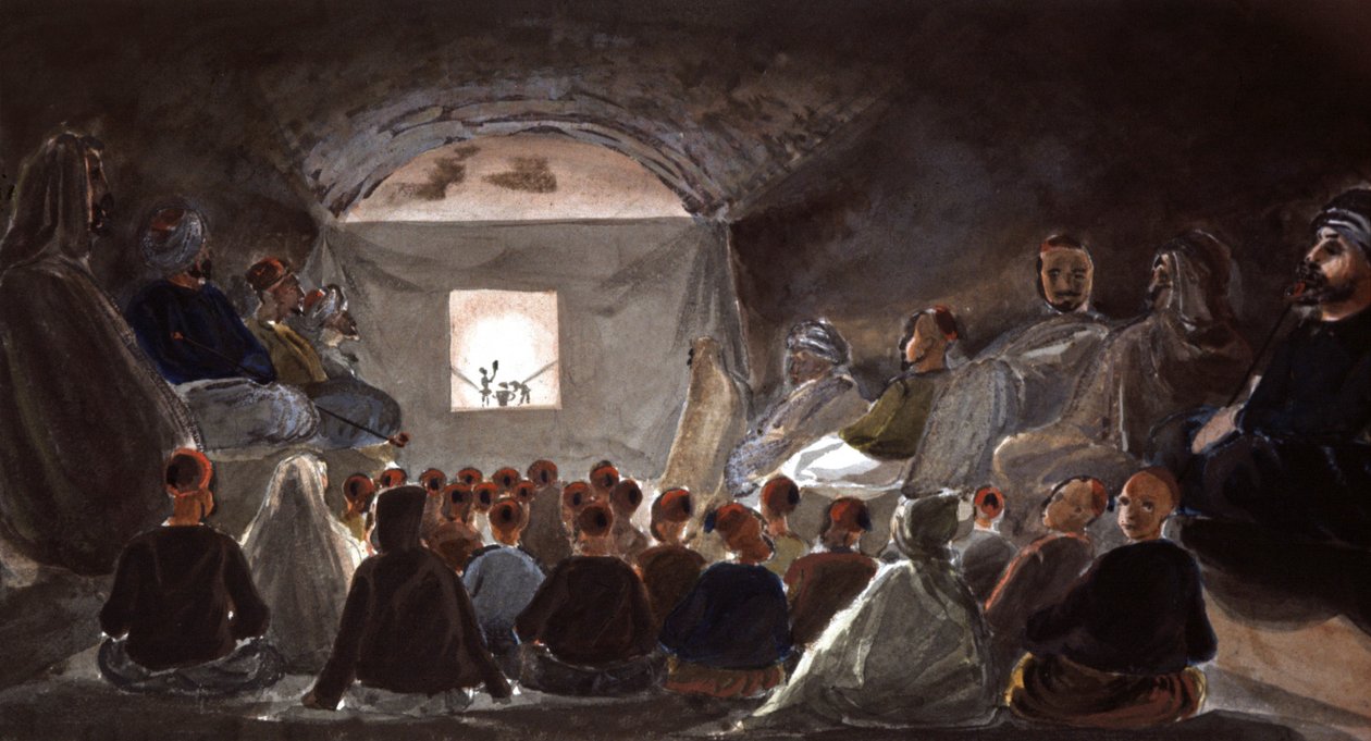 Nukketeatteriesitys koulussa Algeriassa, noin 1830 (akvarelli). tekijältä Theodore Leblanc
