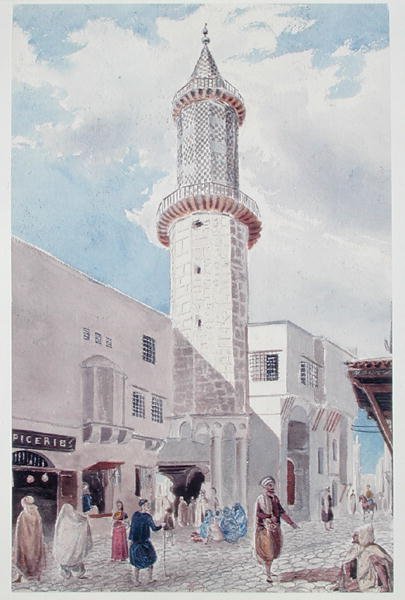 Moskeijaminareetti Rue de Chartresilla ja Rue Bab-Azounilla, Alger (akvarelli paperille) tekijältä Theodore Leblanc