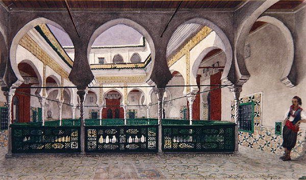 Näkymä talon sisäpihalle Algerissa, n. 1830 (akvarelli paperille) tekijältä Theodore Leblanc