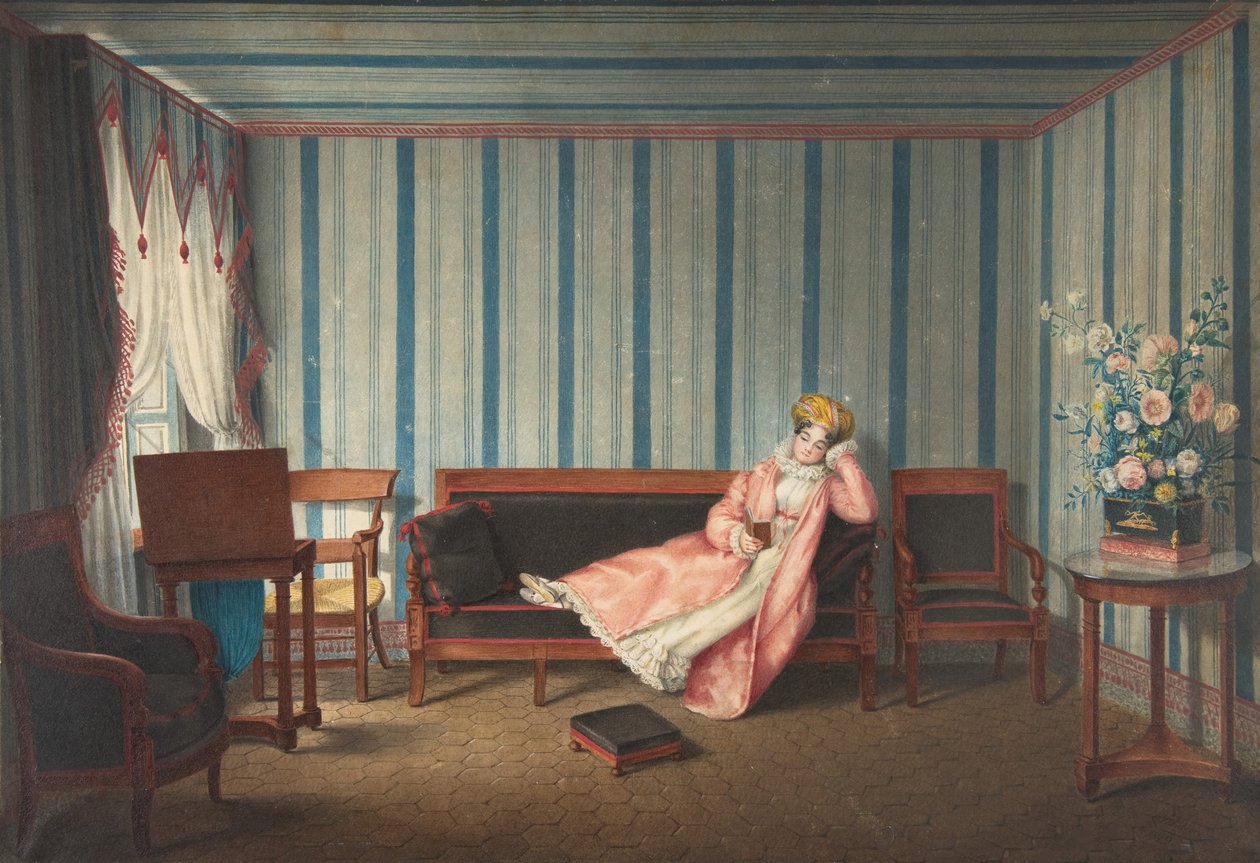 Vaaleanpunainen nainen makaamassa canapessa, 1819. tekijältä Theodore Lebrun